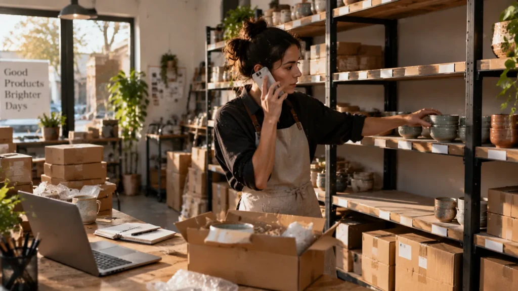 Retailer checking inventory while arranging an urgent supplier payment