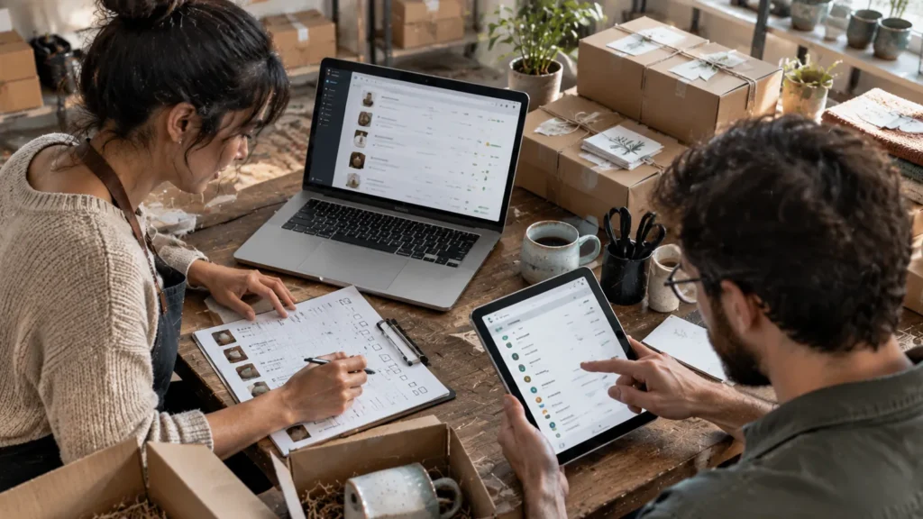 Small business team reconciling live-sale orders and preparing shipments