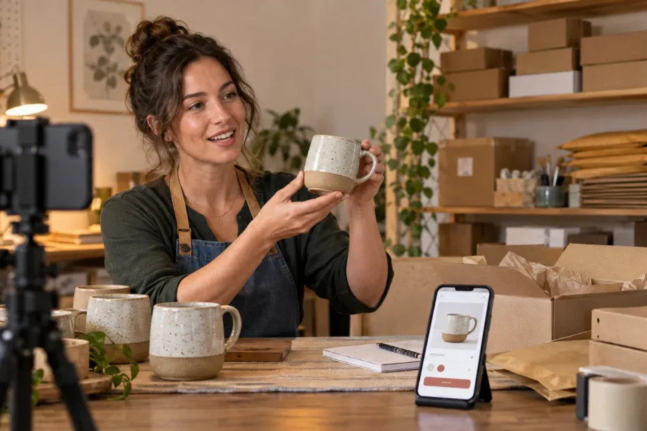 Maker presenting a handmade mug during a live online sale